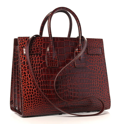 Saint Laurent Calfskin Crocodile Embossed Small Sac de Jour Dark Blood 3 of 9