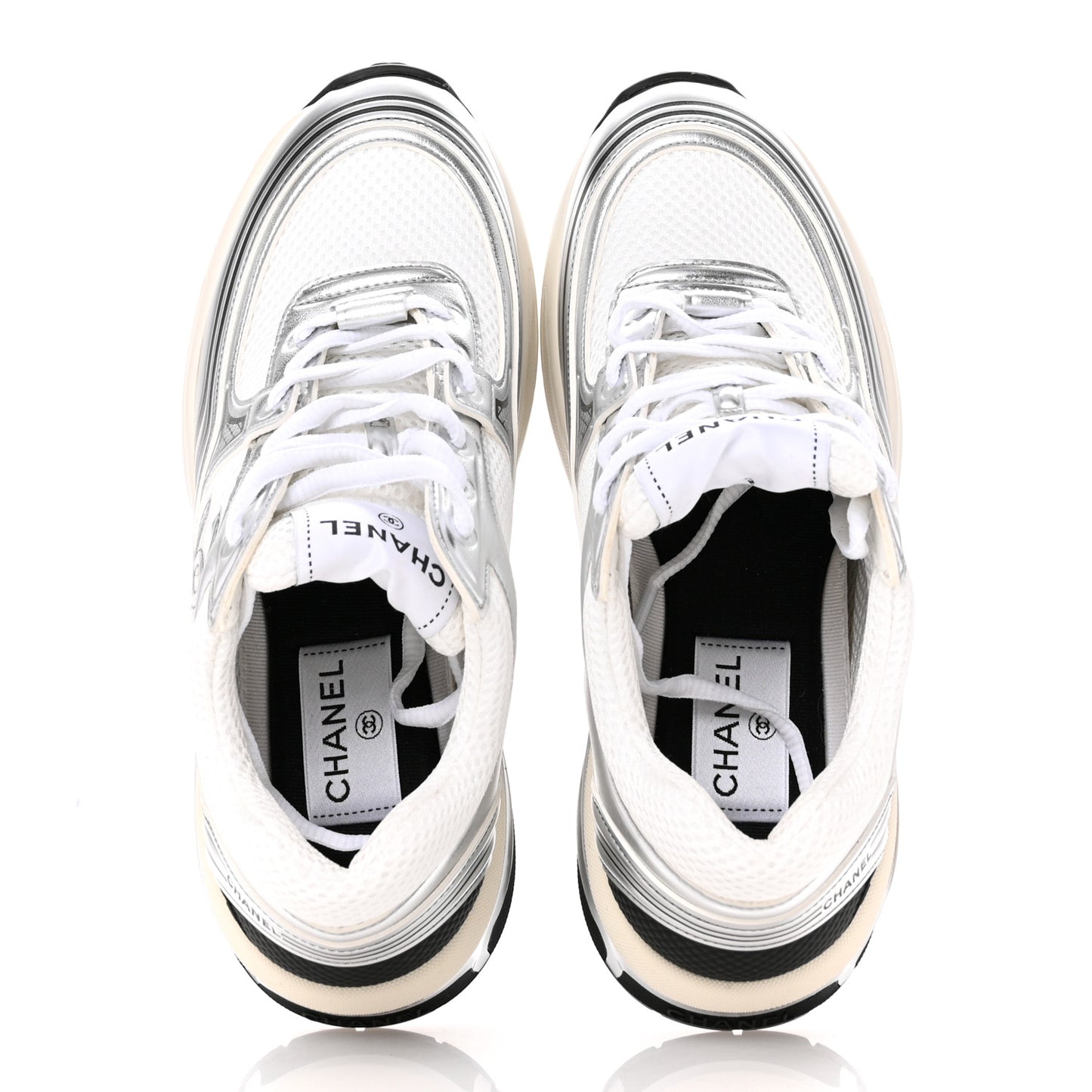 Fabric Laminated Calfskin Stretch CC Womens Sneakers 37 White Silver