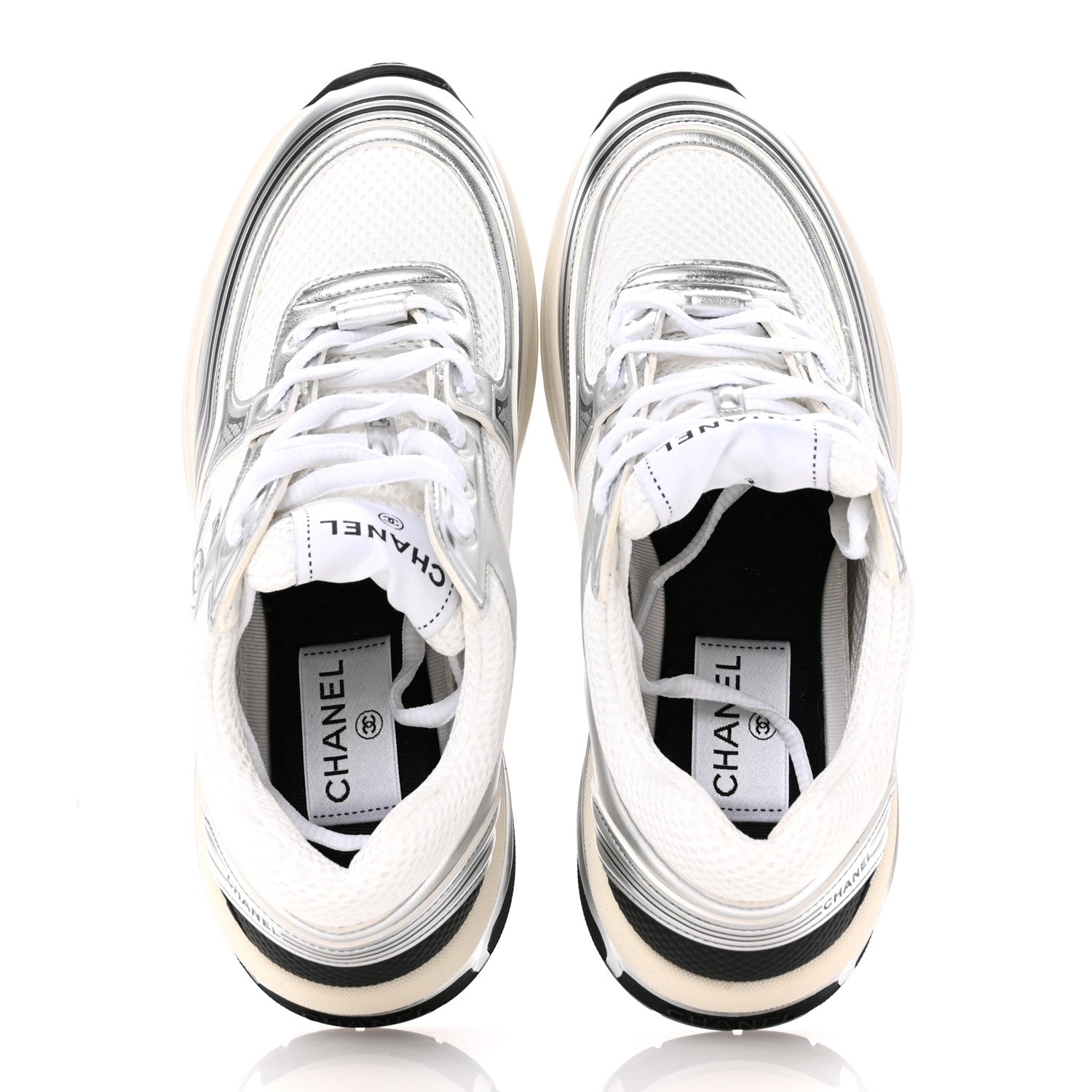 Chanel Fabric Laminated Calfskin Stretch CC Womens Sneakers 37 White Silver 2 of 10