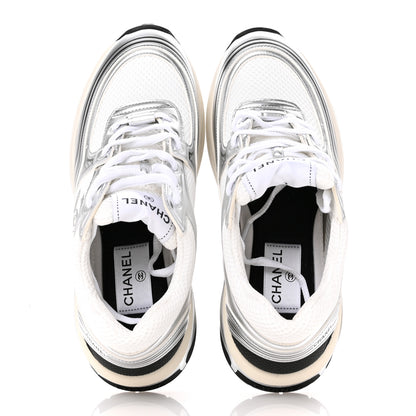 Chanel Fabric Laminated Calfskin Stretch CC Womens Sneakers 37 White Silver 2 of 10