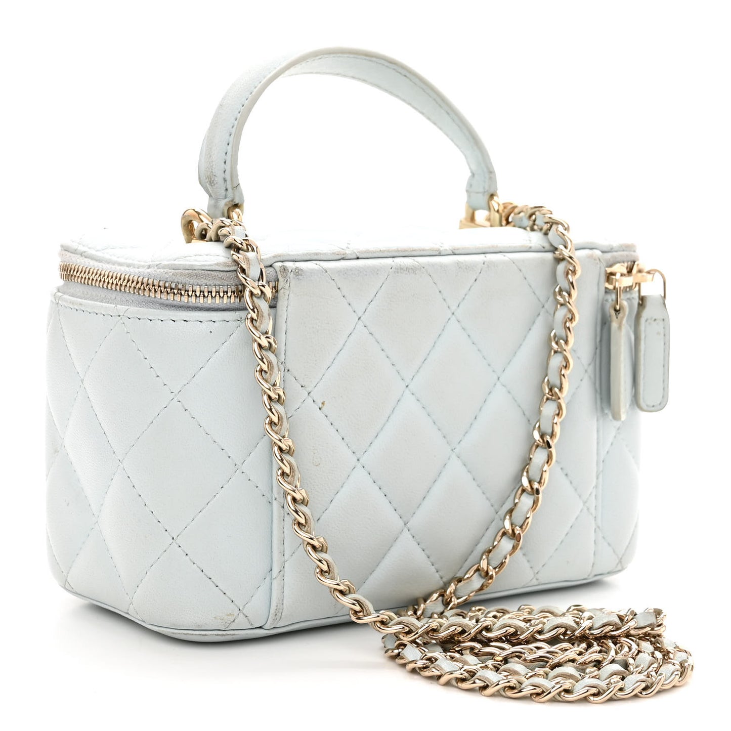 Lambskin Quilted Small Top Handle Vanity Case With Chain Light Blue