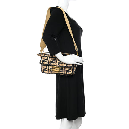 Fendi Raffia Vitello Grace FF Crochet Baguette Natural Black Paglia 2 of 10