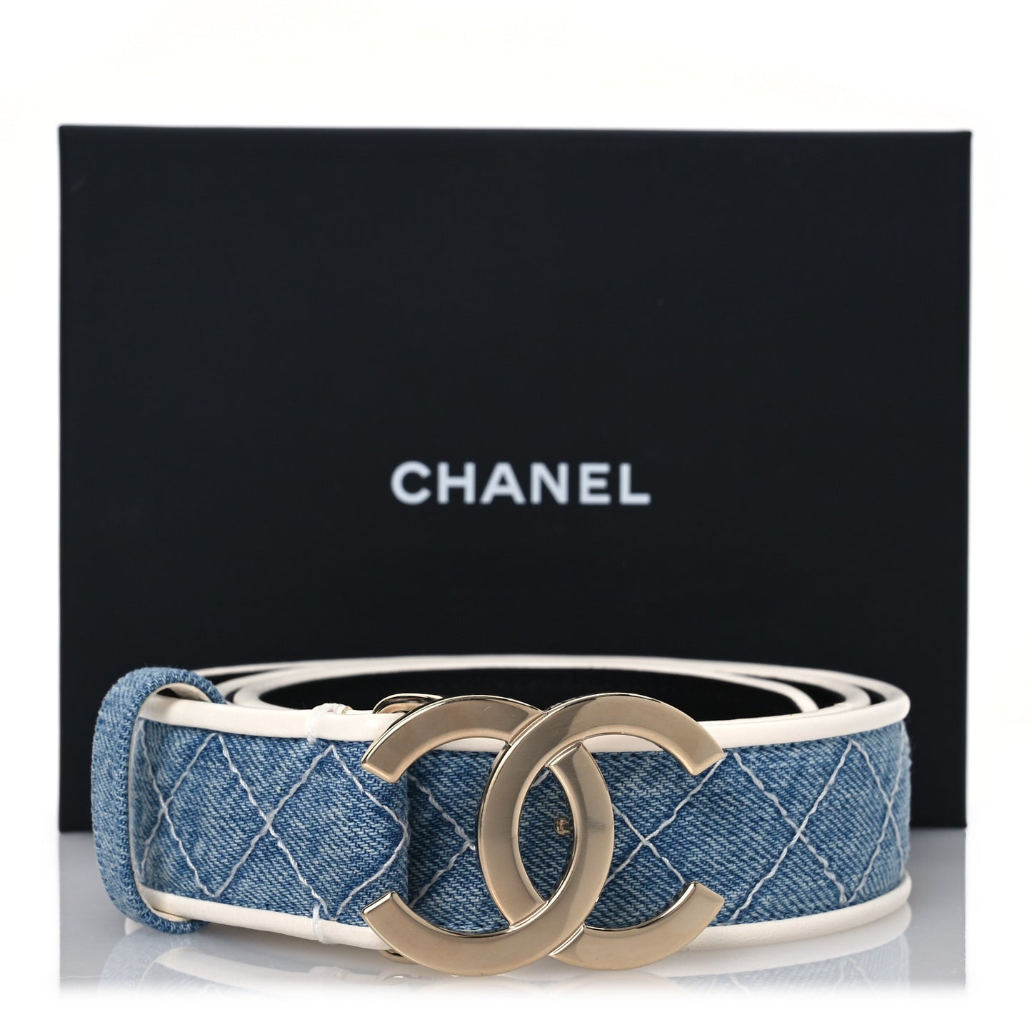 Denim Quilted CC Belt  85 34 Blue White