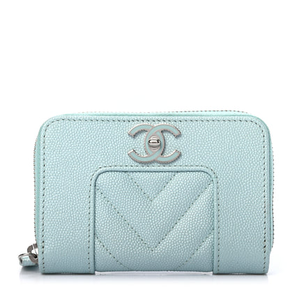 Chanel Metallic Caviar Chevron Quilted Vintage Mademoiselle Zip Coin Purse Light Blue 1 of 7