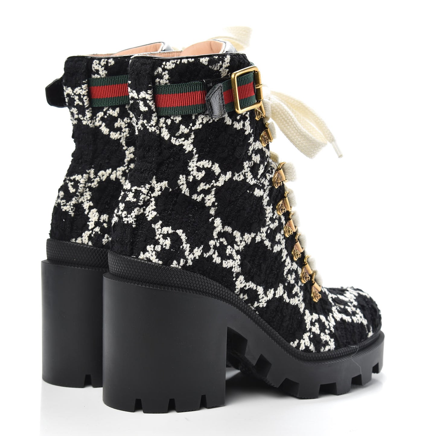 Tweed GG Monogram Lace Up Combat Ankle Boots 35 Black