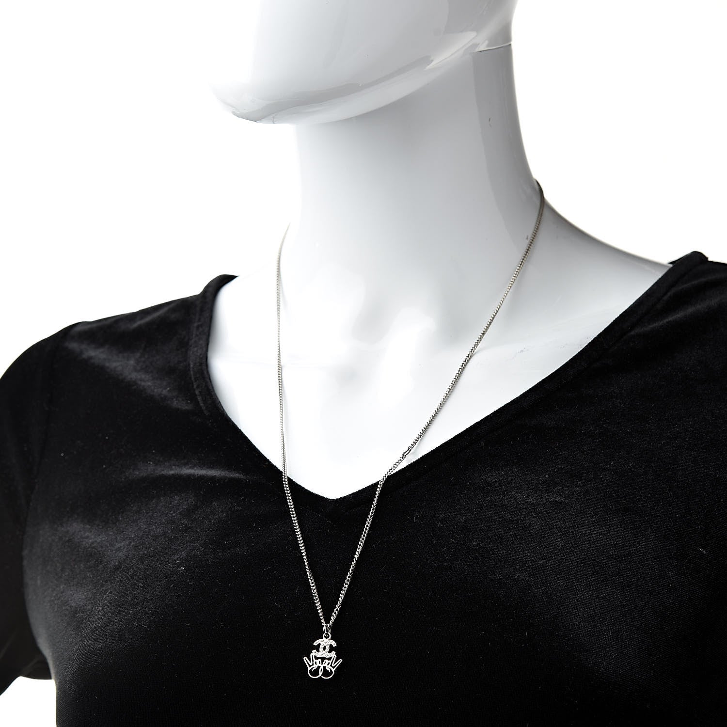 Chanel Crystal CC Peace Sign Emoji Necklace Silver 2 of 5