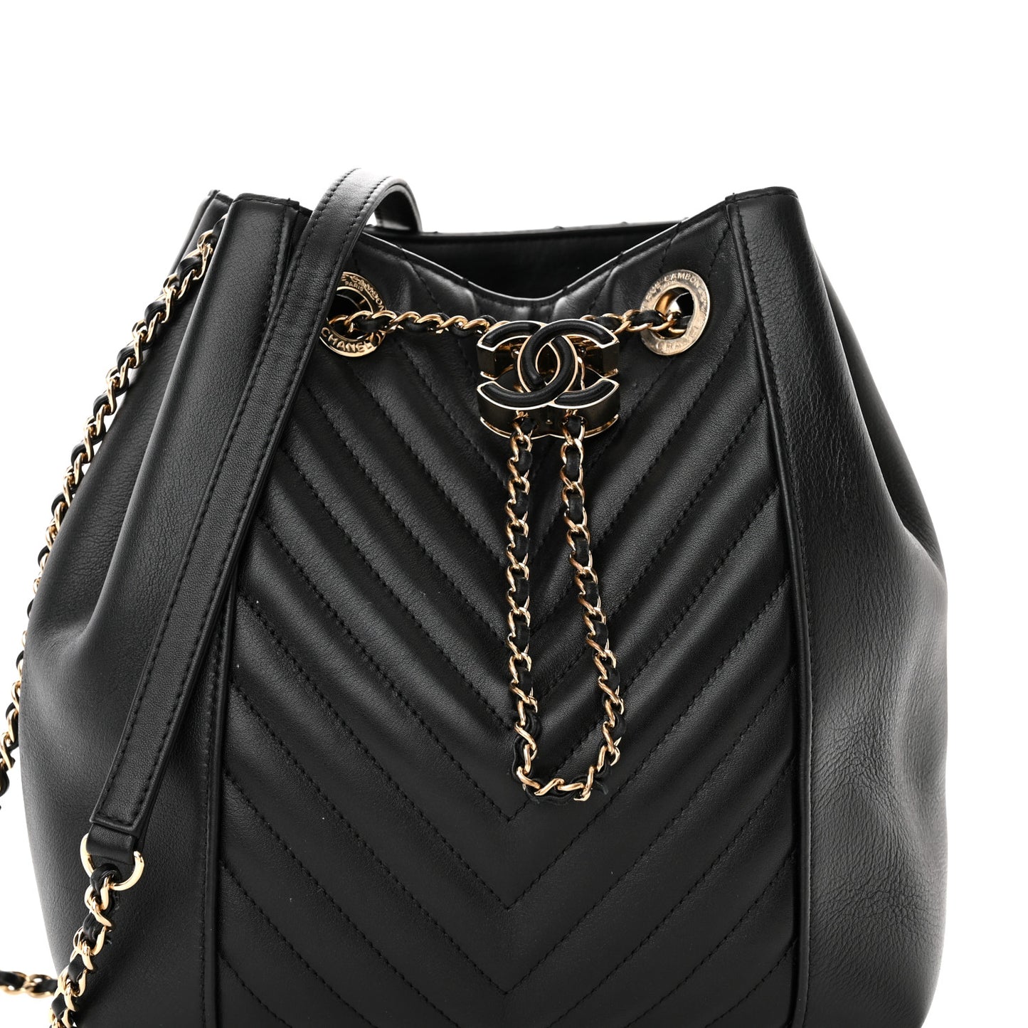 Calfskin Quilted Daily Chevron Drawstring Bag Black