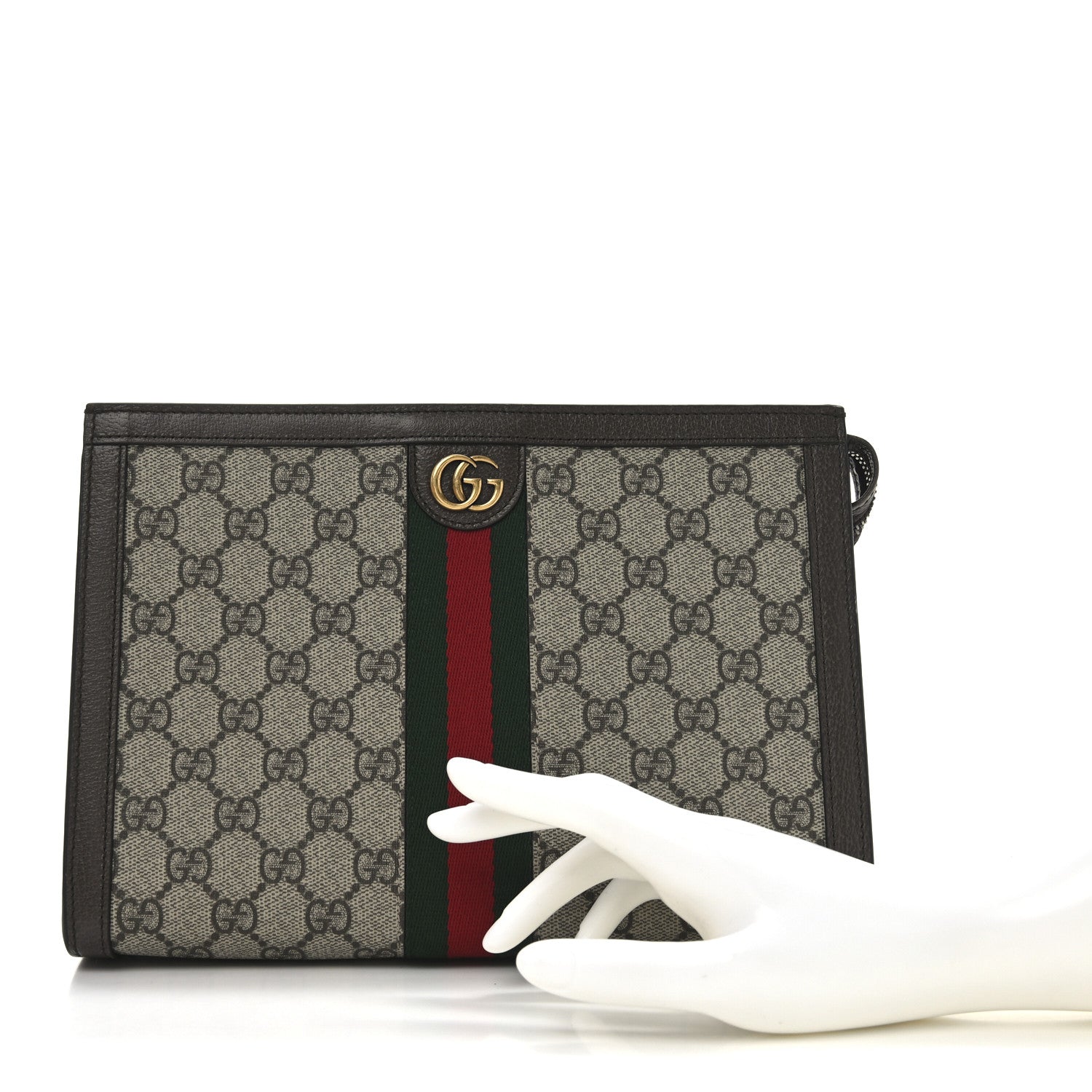 Gucci GG Supreme Monogram Textured Dollar Calfskin Web Small Ophidia Wristlet Pouch Beige Ebony New Acero 2 of 8