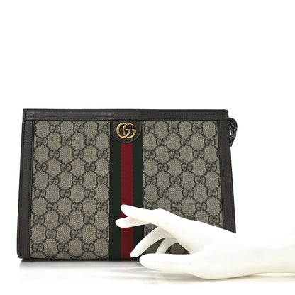 Gucci GG Supreme Monogram Textured Dollar Calfskin Web Small Ophidia Wristlet Pouch Beige Ebony New Acero 2 of 8