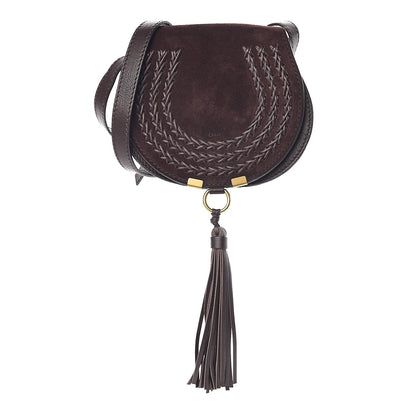 Chloe Suede Calfskin Braided Mini Marcie Round Crossbody Bag Carbon Brown 1 of 8