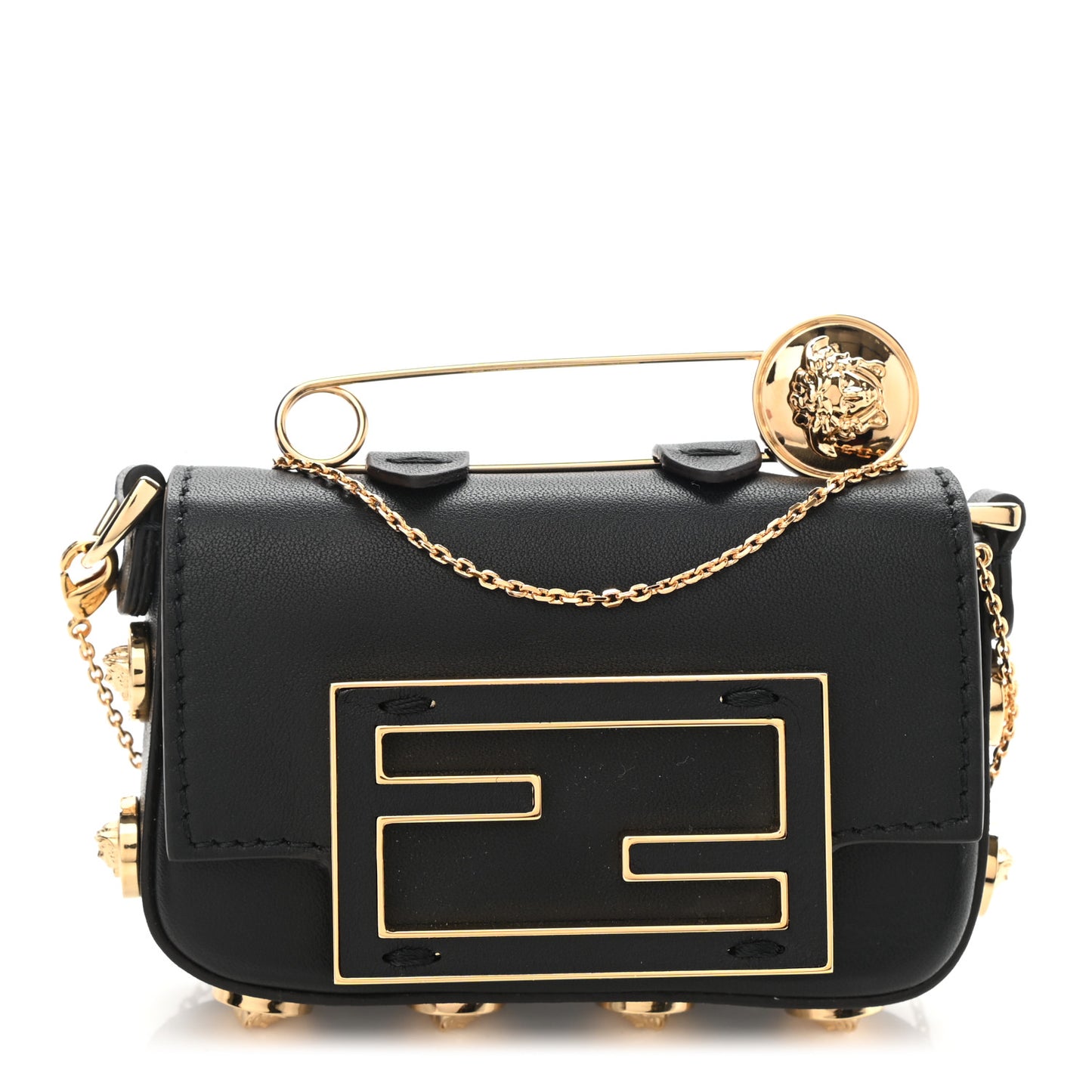 X VERSACE Vitello Seta Fendace Studded Nano Brooch Baguette Black