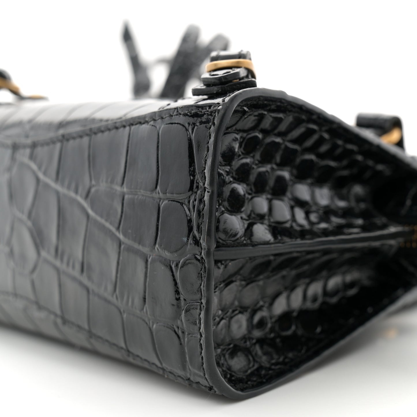 Shiny Supple Calfskin Crocodile Embossed Neo Classic Gold Hardware Nano City Crossbody Black
