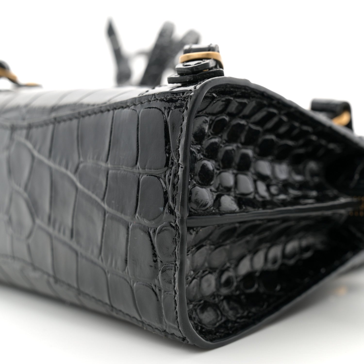 Balenciaga Shiny Supple Calfskin Crocodile Embossed Neo Classic Gold Hardware Nano City Crossbody Black 9 of 11