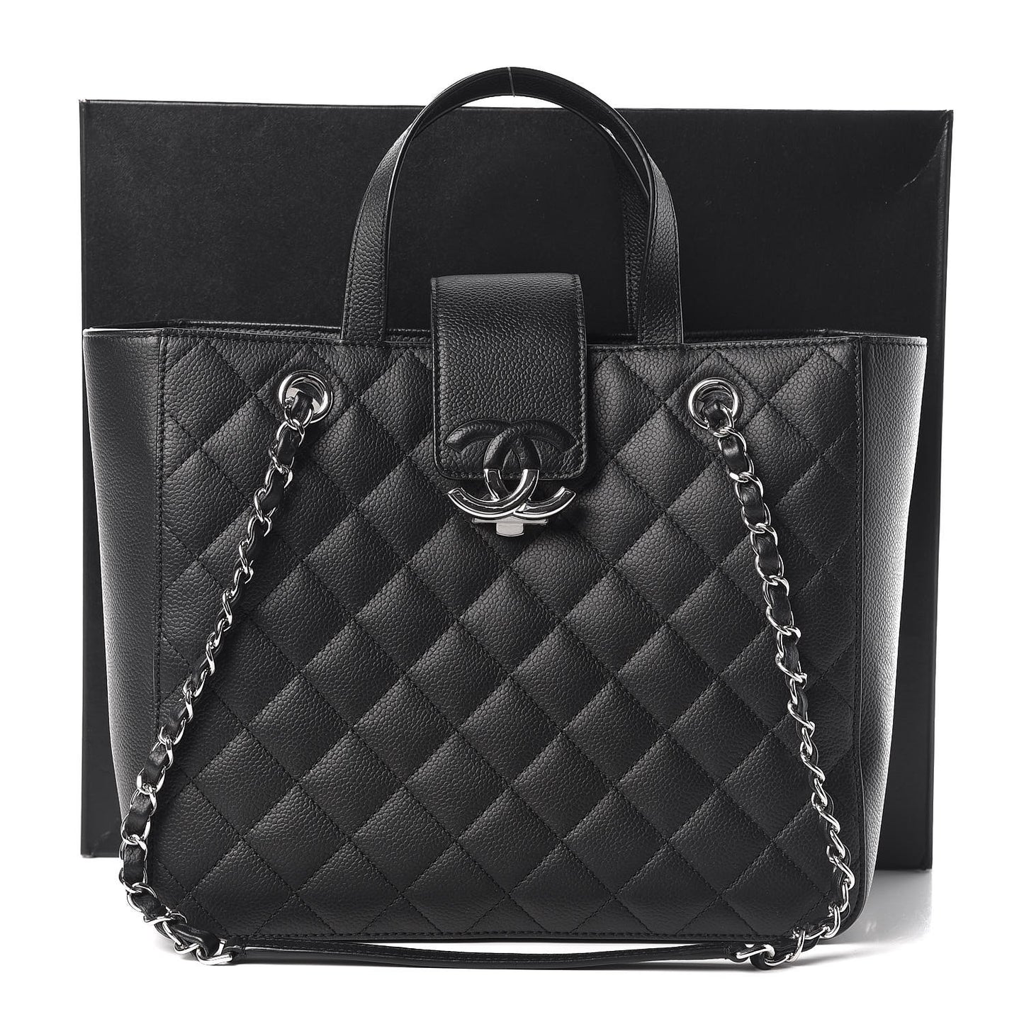 Caviar Quilted Small CC Box Shopping Tote Black