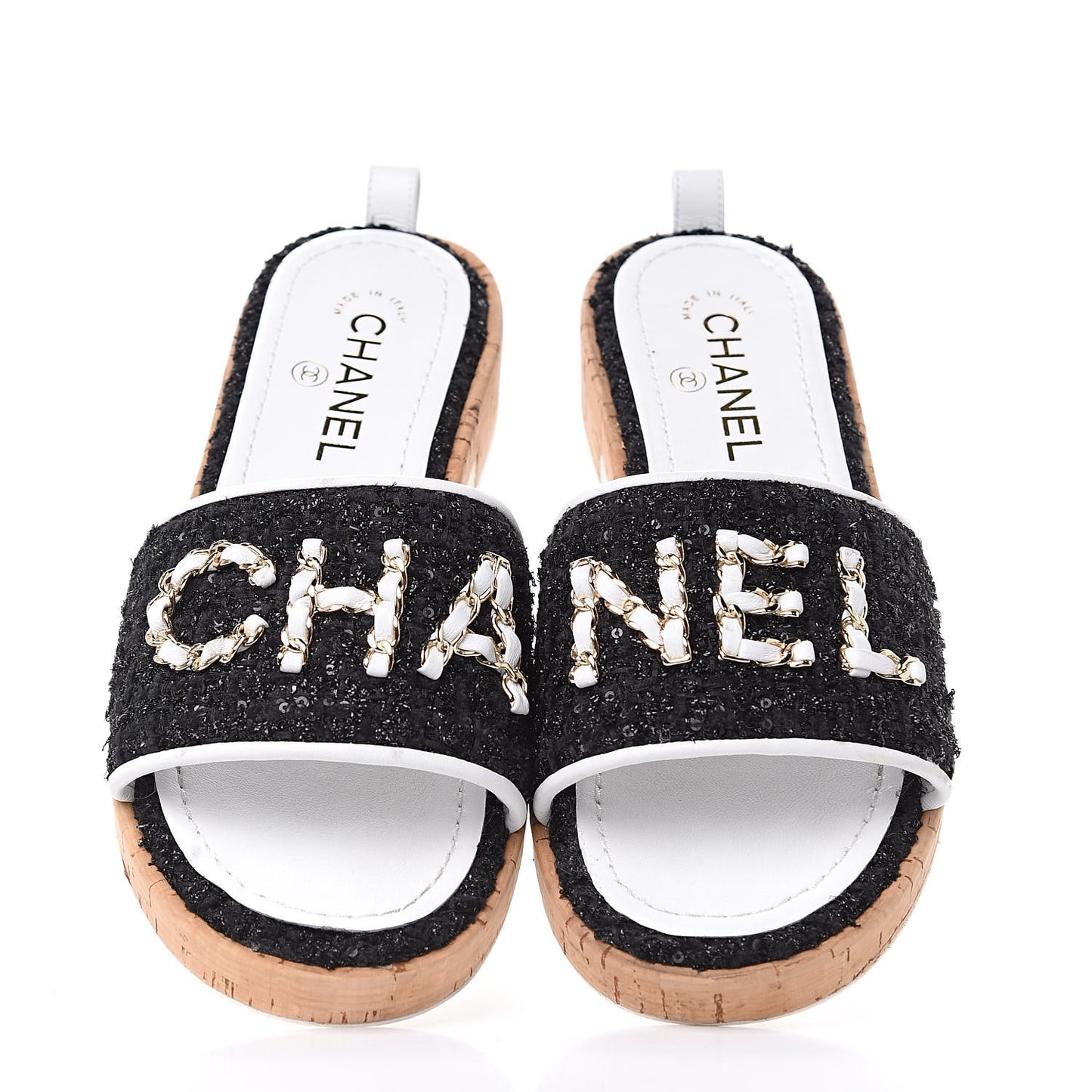 Tweed Cork CC Chain Mule Sandal 39 Black