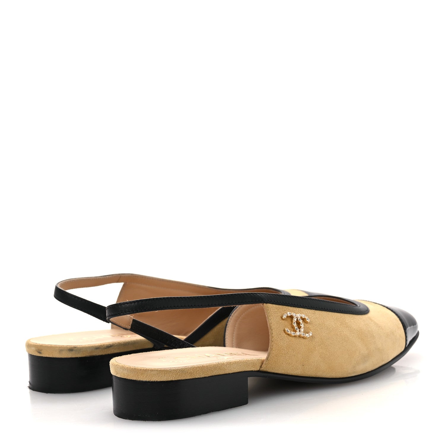 Chanel Suede Patent Crystal CC Cap Toe Slingback Flats 37 Beige Black 5 of 13
