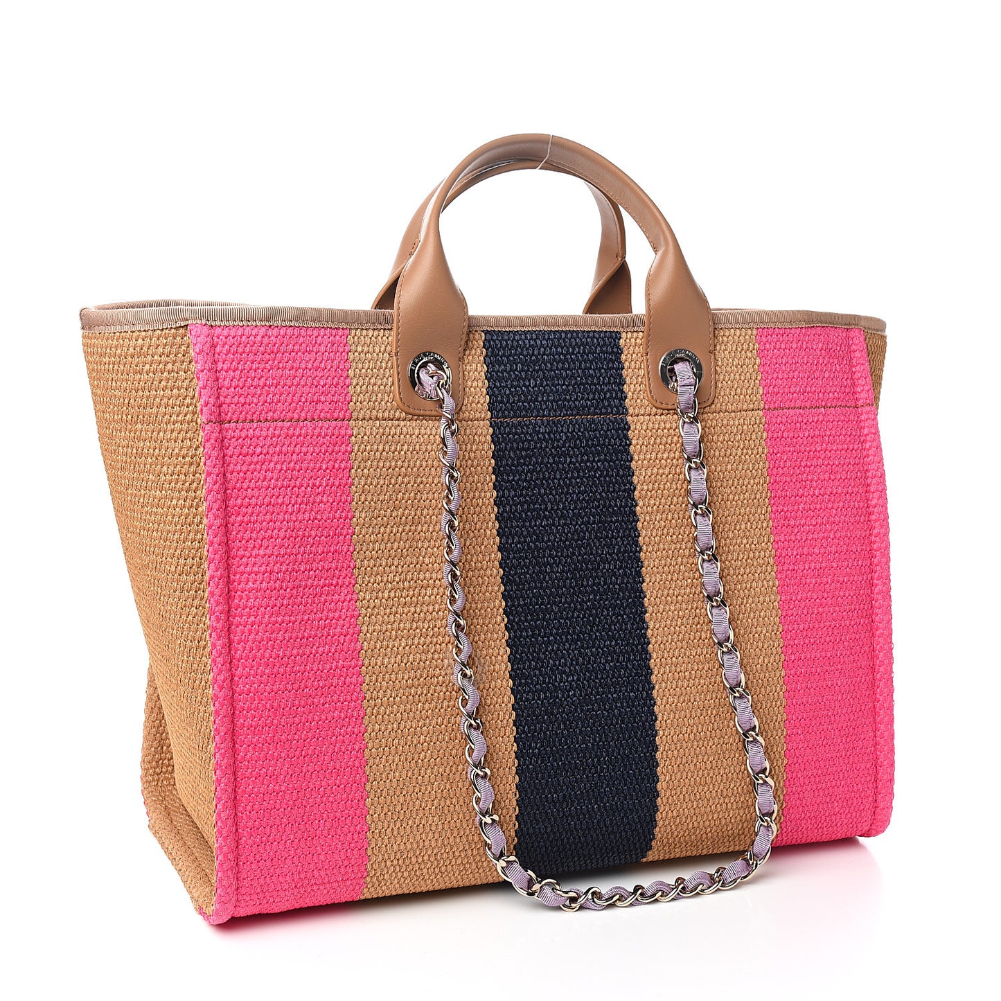 Straw Raffia Calfskin Striped Medium Deauville Tote Dark Beige Fuchsia Navy Blue