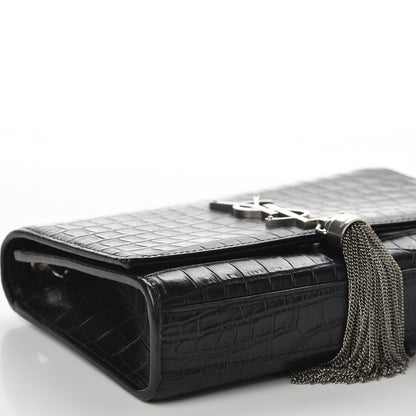 Saint Laurent Calfskin Crocodile Embossed Small Classic Monogram Kate Tassel Satchel Black 5 of 9