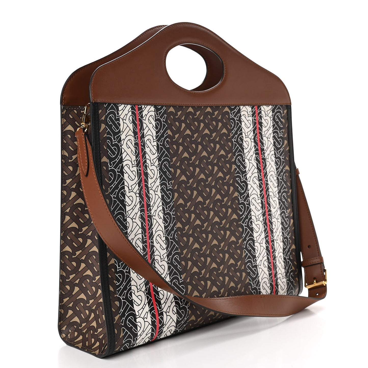 E-Canvas Monogram Stripe Medium Pocket Bag Bridle Brown