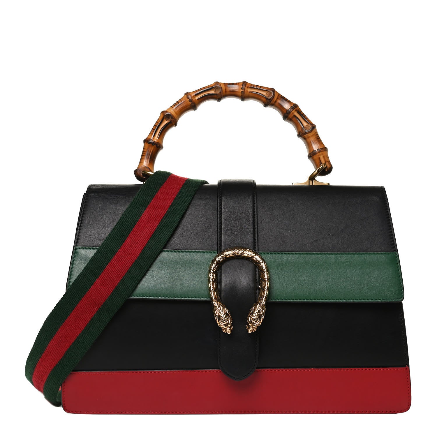 Gucci Calfskin Bamboo Web Large Dionysus Top Handle Bag Black Bright Evergreen Hibiscus Red 1 of 15