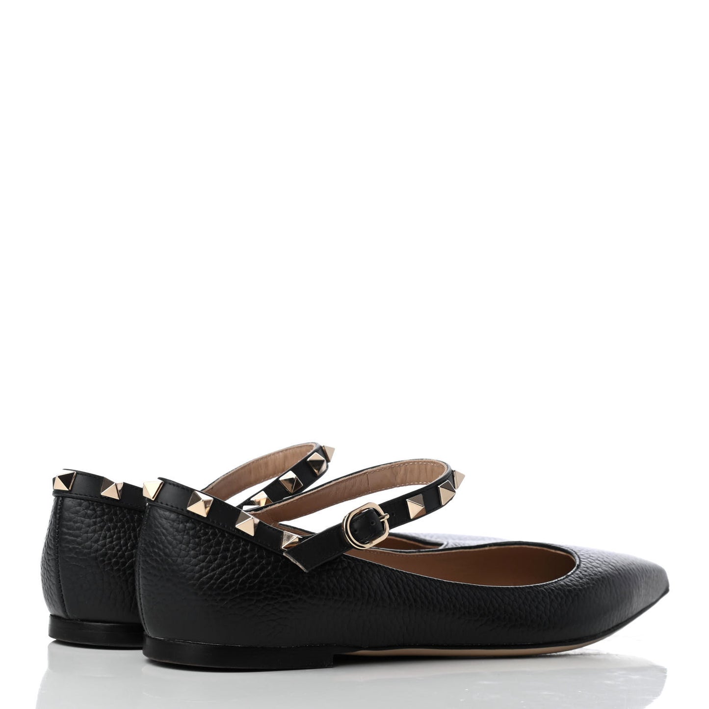 Pebbled Calfskin Rockstud Ankle Strap Ballerina Flats 36 Black