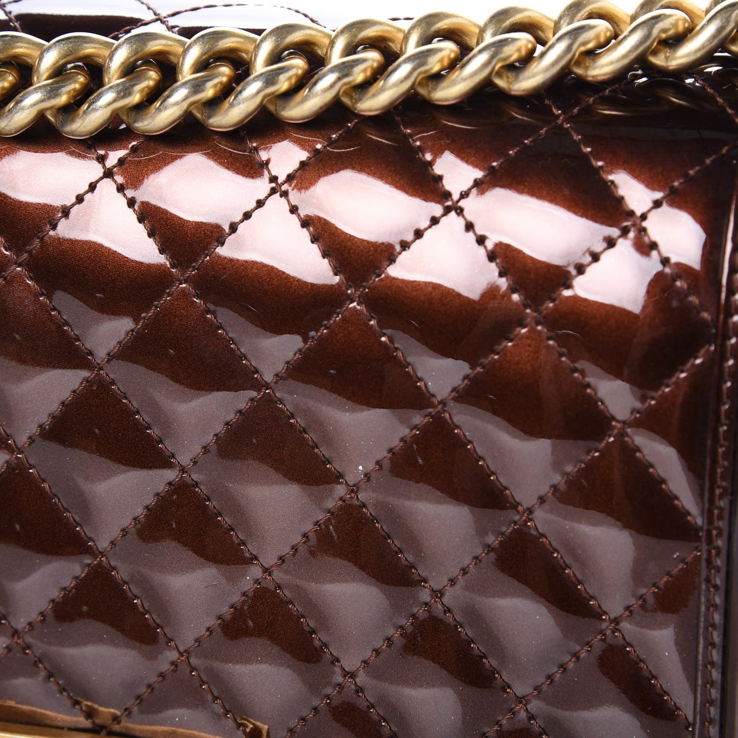 Metallic Patent Calfskin Quilted Medium Boy Flap Brown