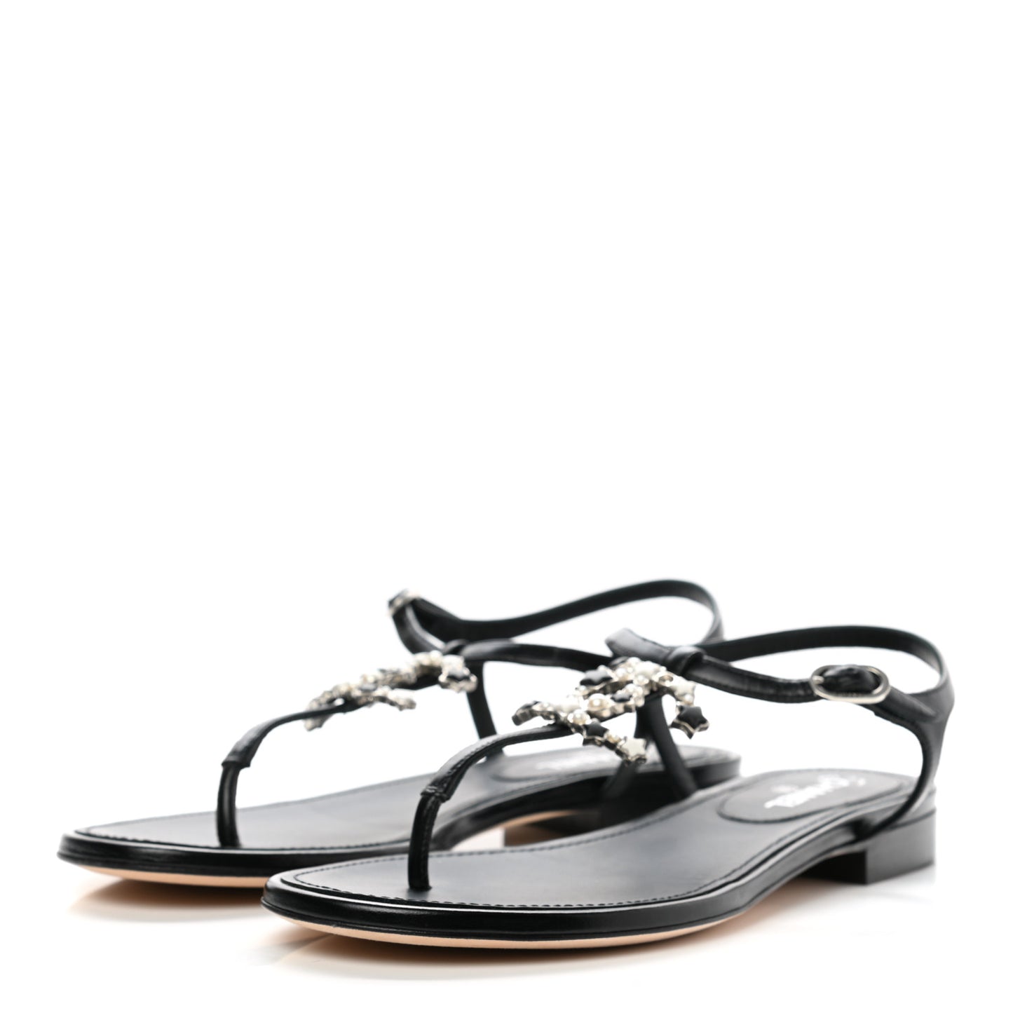 Calfskin Pearl CC Star Thong Sandals 36 Black