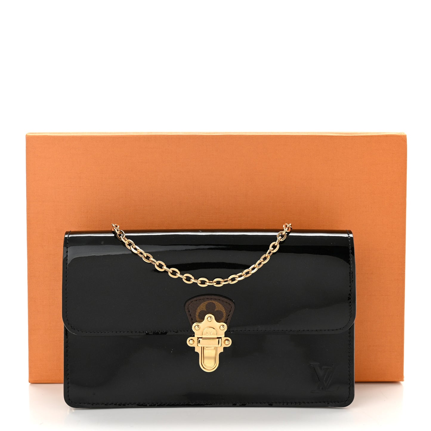 Patent Calfskin Monogram Cherrywood Chain Wallet Black