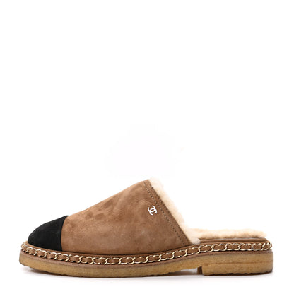 Chanel Kid Suede Shearling CC Chain Mules 40 Light Brown Black 1 of 8