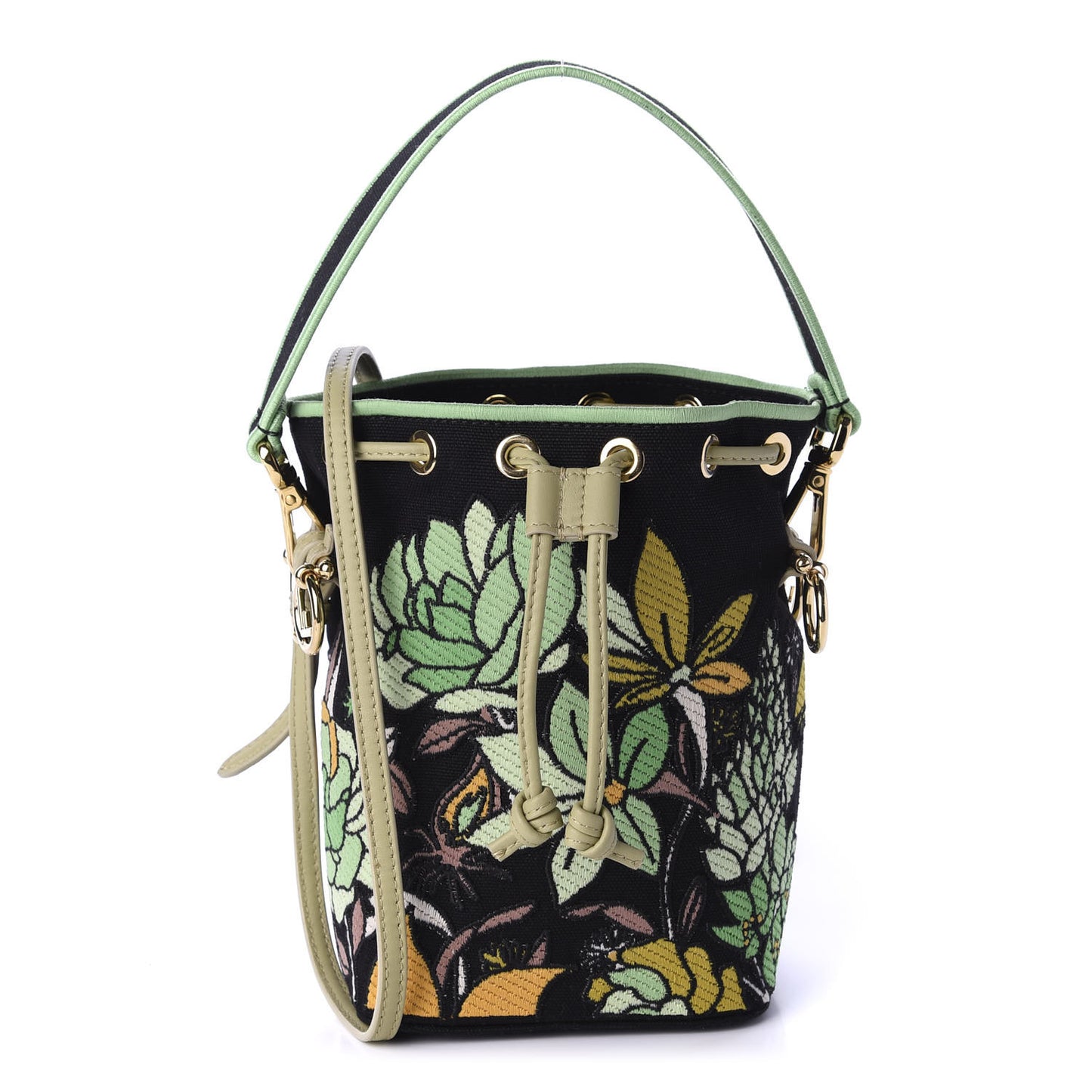 Canvas Vitello Century F is Fendi Psychedelic Flowers Embroidered Mini Mon Tresor Bucket Bag Verde Mandorlo Multicolor
