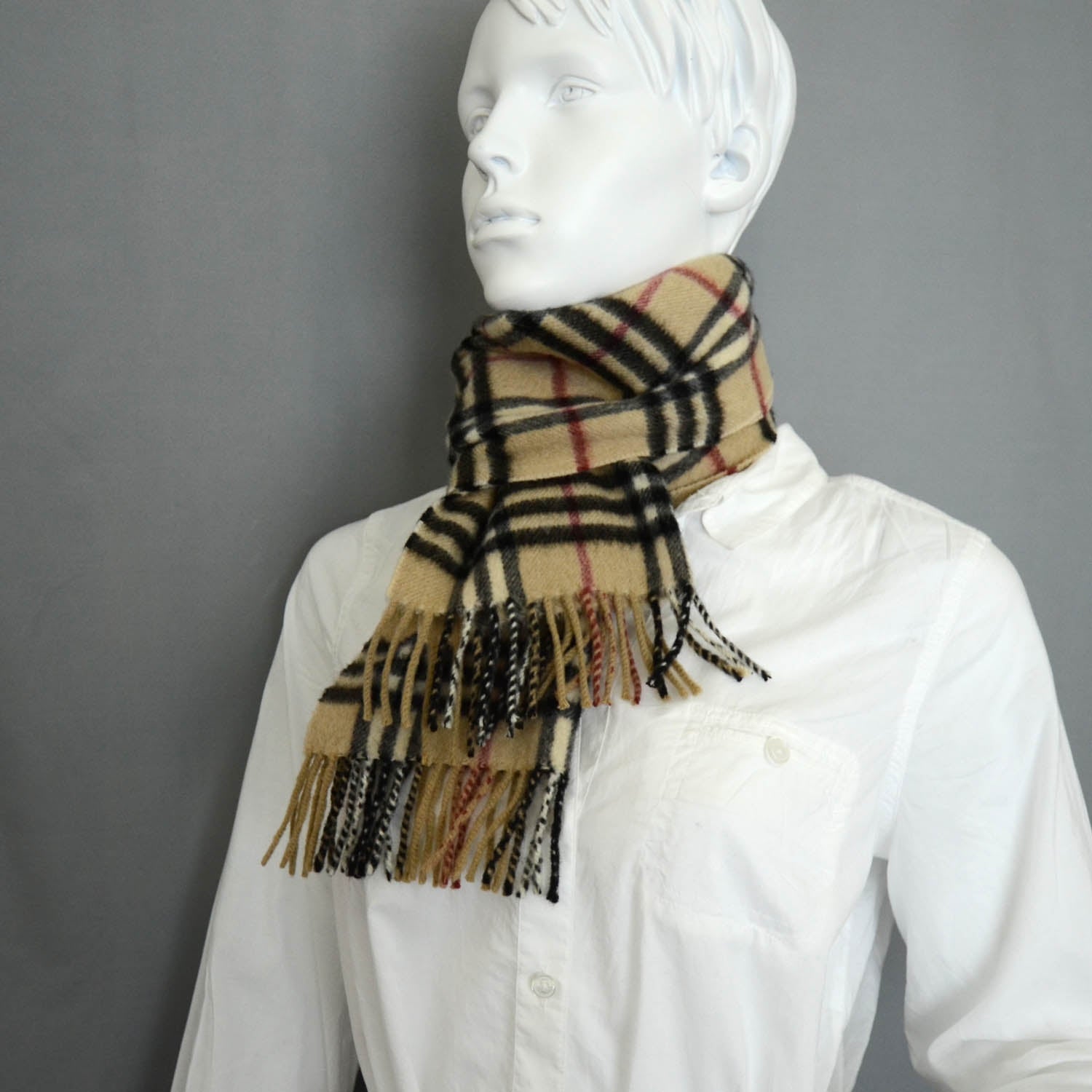 Burberry Cashmere Check Fringe Scarf Camel 2 of 4