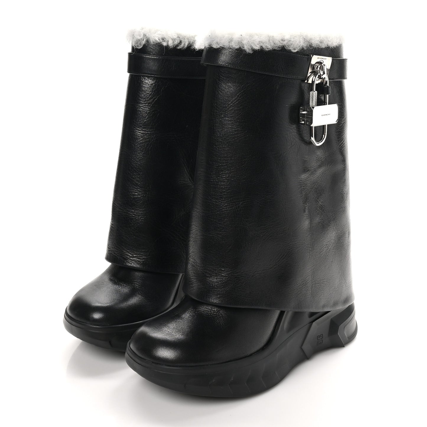 Crinkled Calfskin Shearling Shark Lock Biker Ankle Boots 39 Black Natural
