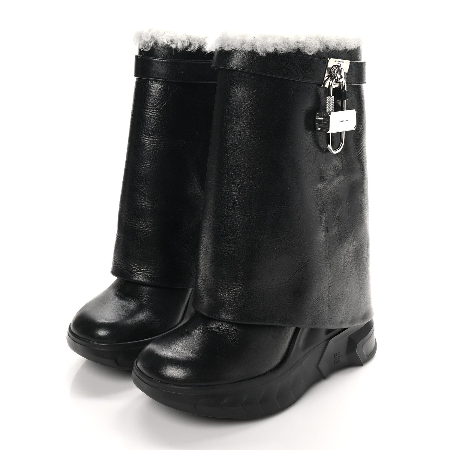 Givenchy Crinkled Calfskin Shearling Shark Lock Biker Ankle Boots 39 Black Natural 4 of 8