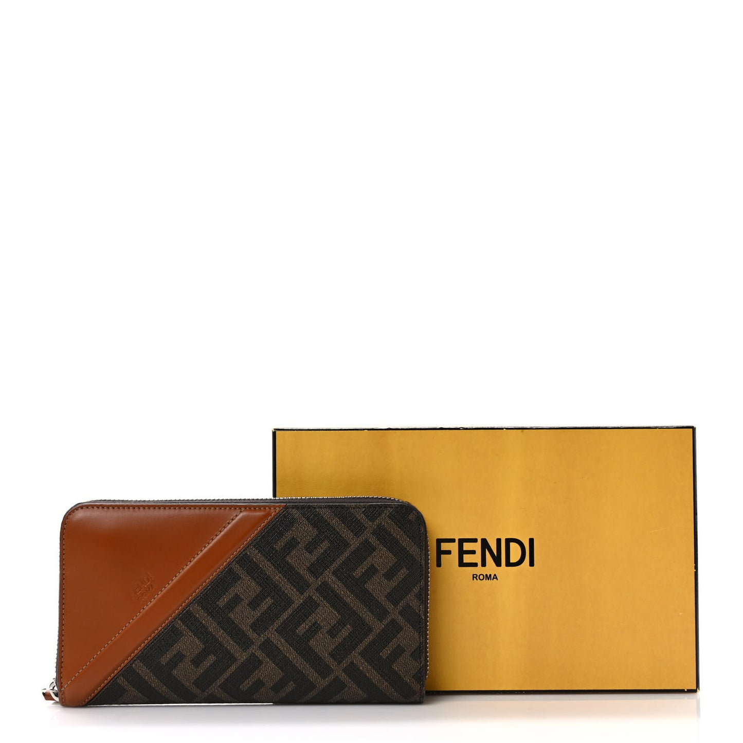 Glazed Fabric Vitello King FF 1974 Diagonal Zip Around Wallet Tobacco Moro Cuoio