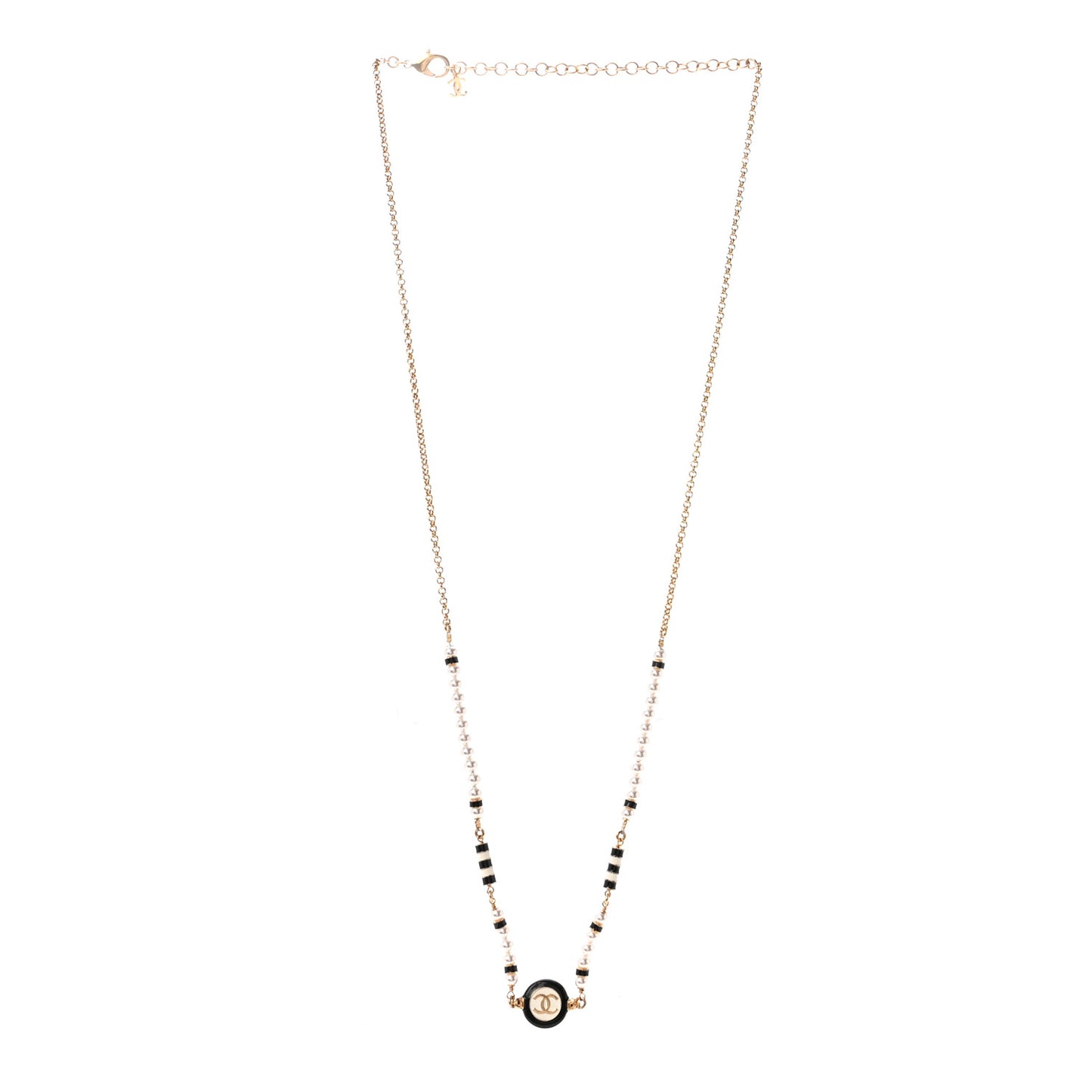 Metal Enamel Pearl CC Necklace Gold Black White