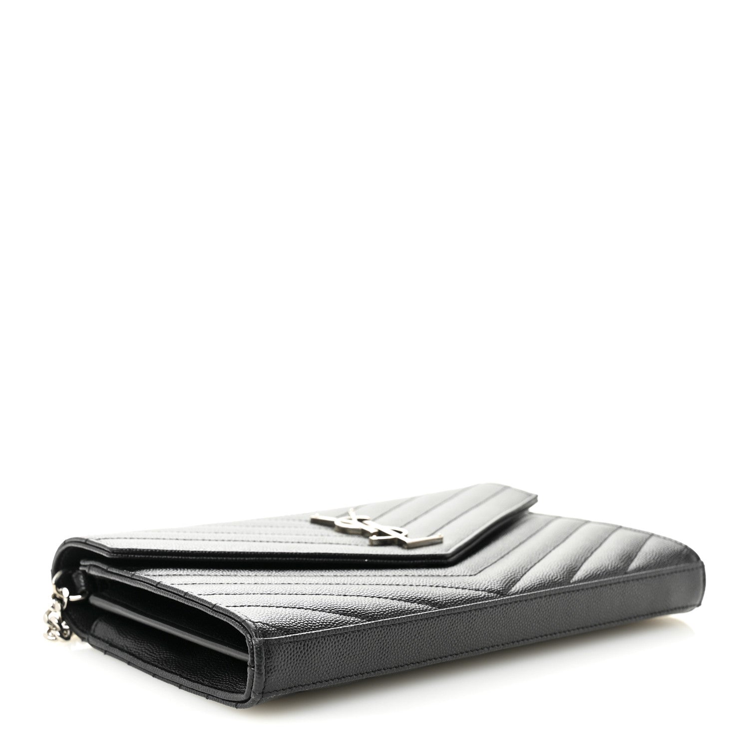 Saint Laurent Grain De Poudre Matelasse Chevron Monogram Chain Wallet Black 4 of 9