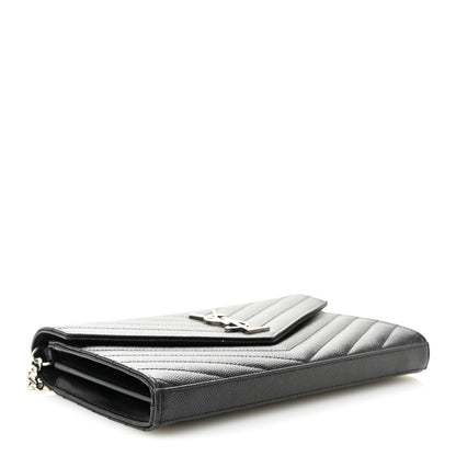 Saint Laurent Grain De Poudre Matelasse Chevron Monogram Chain Wallet Black 4 of 9
