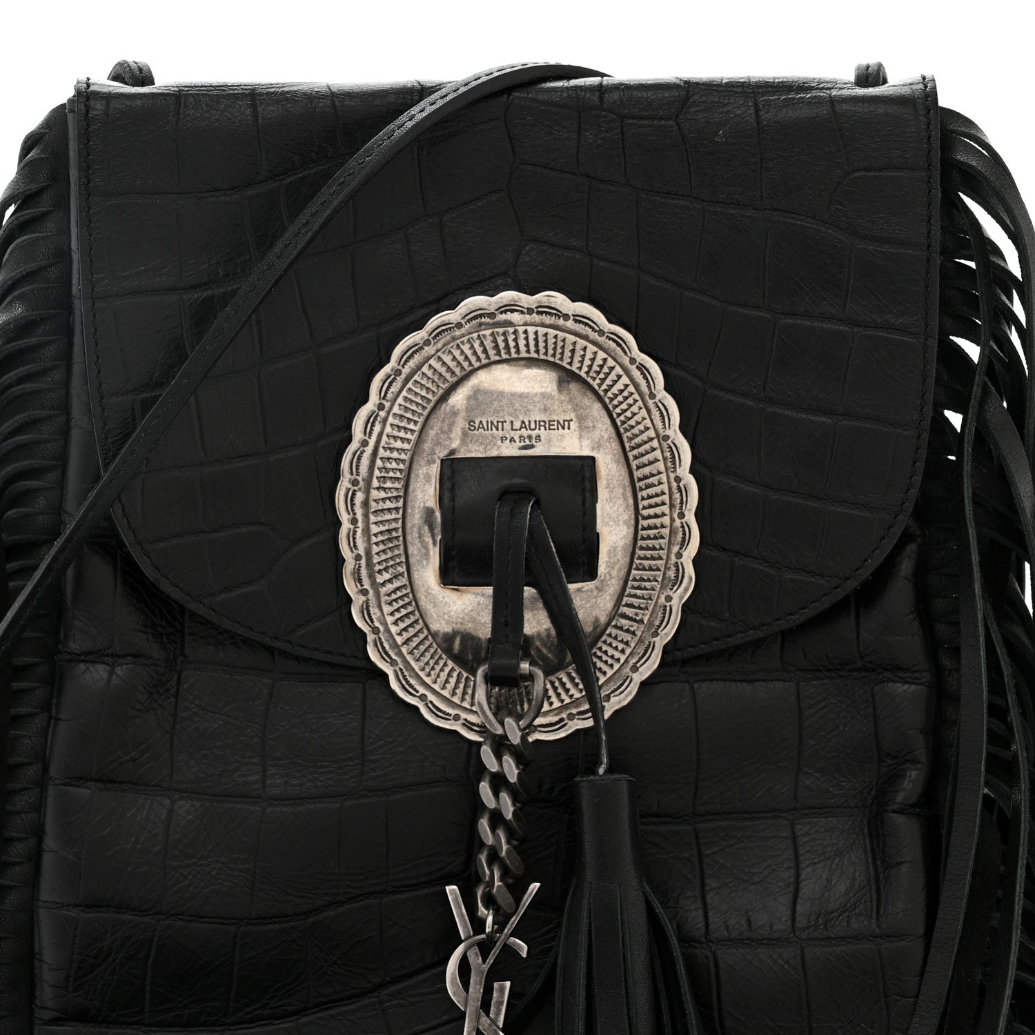 Saint Laurent Calfskin Crocodile Embossed Anita Tassed Crossbody Bag Black 7 of 9