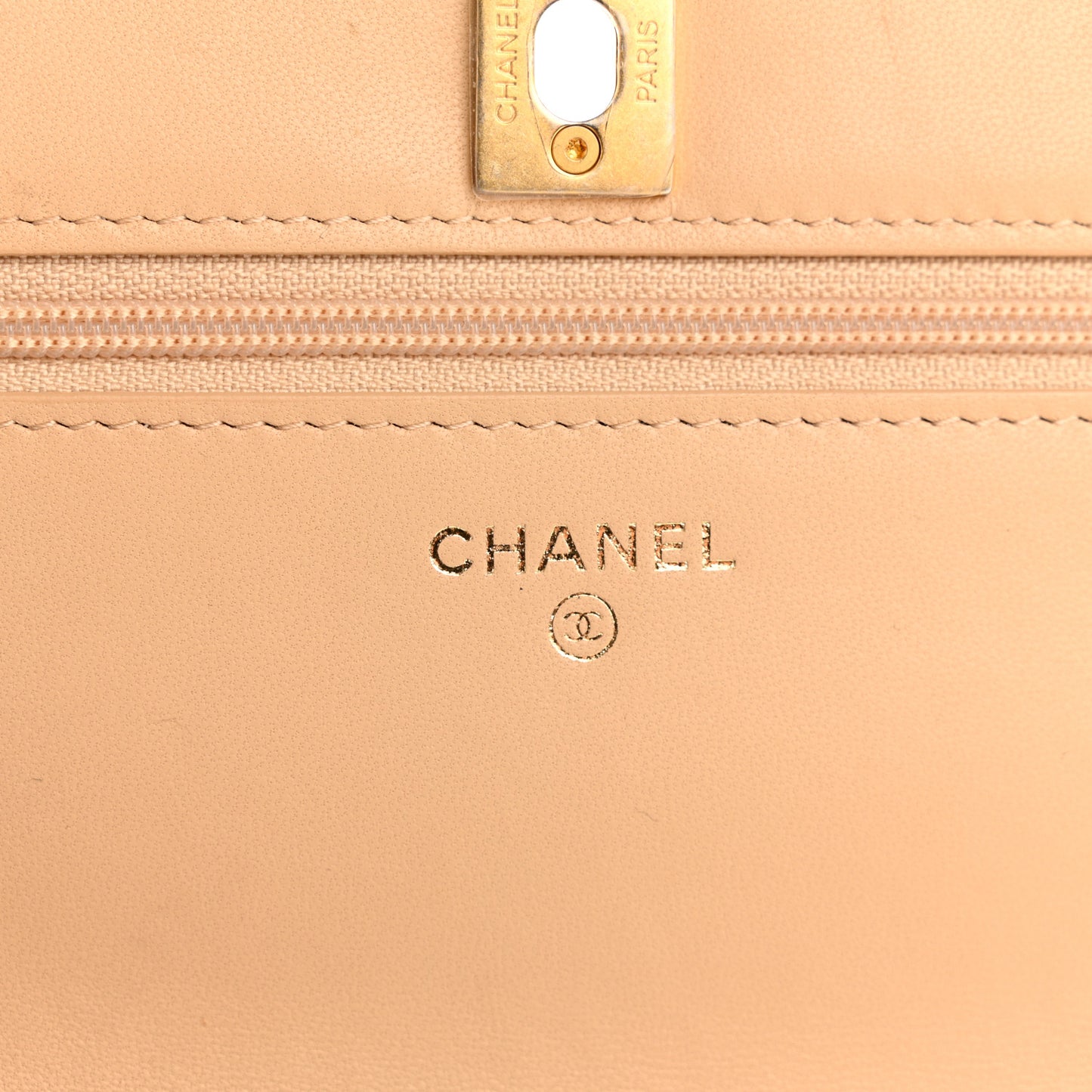 Lambskin Quilted CC Pearl Crush Wallet on Chain WOC Light Beige