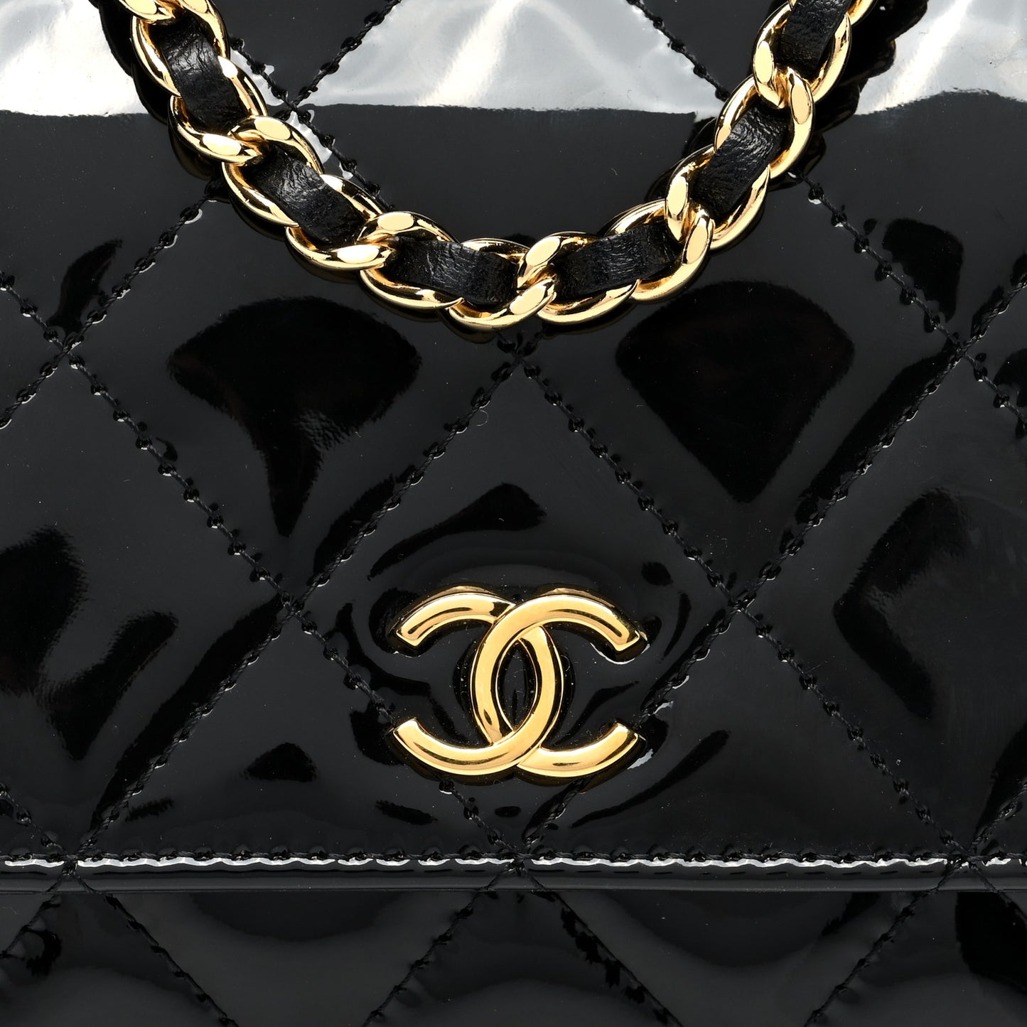 Patent Quilted Frame Clutch Flap With Chain Black
