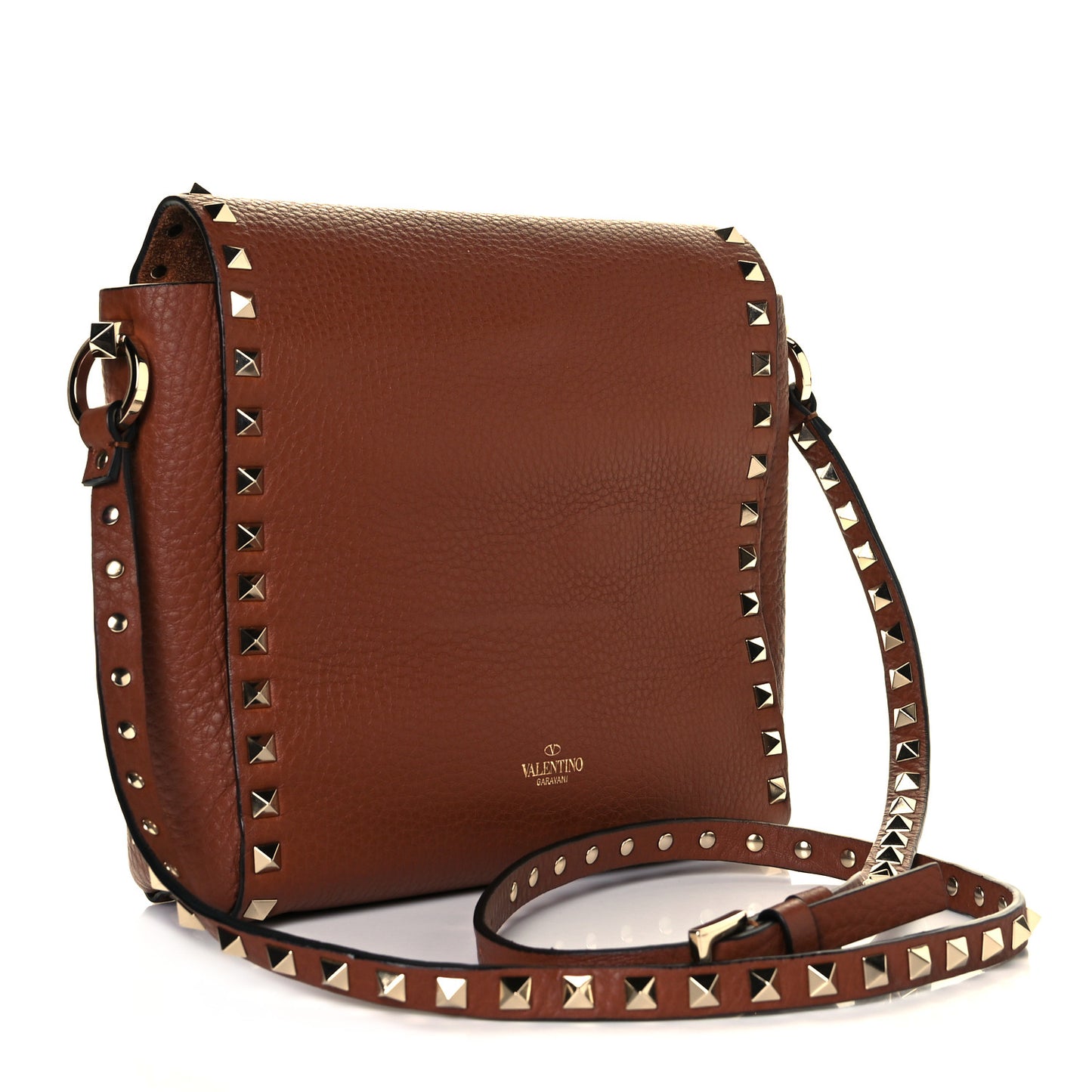 Pebbled Calfskin Rockstud Flip Lock Flap Messenger Saddle Brown