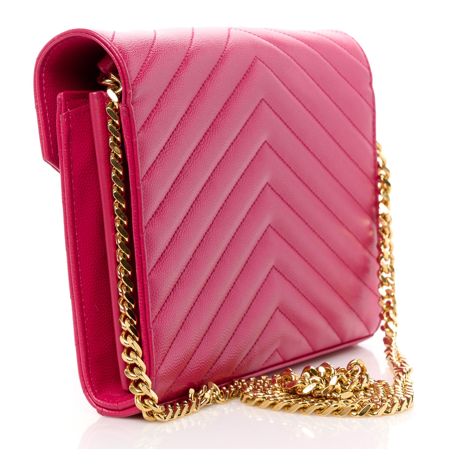 Saint Laurent Grain De Poudre Matelasse Chevron Monogram Chain Wallet Bubblegum 3 of 10