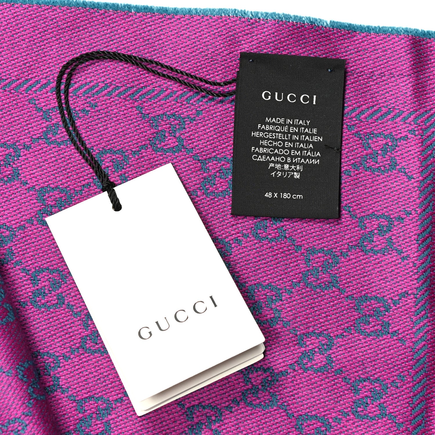 Gucci Wool GG Monogram Reversible New Sten Fringe Scarf Petroleum Blue Pink 8 of 12
