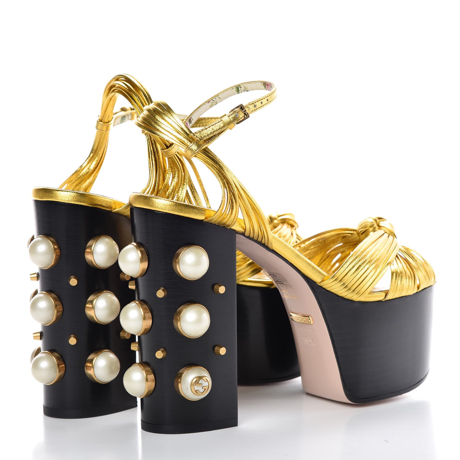 Gucci Malaga Kid Pearl Knot Platform Sandals 36.5 Black Gold 4 of 8