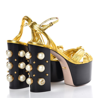 Gucci Malaga Kid Pearl Knot Platform Sandals 36.5 Black Gold 4 of 8