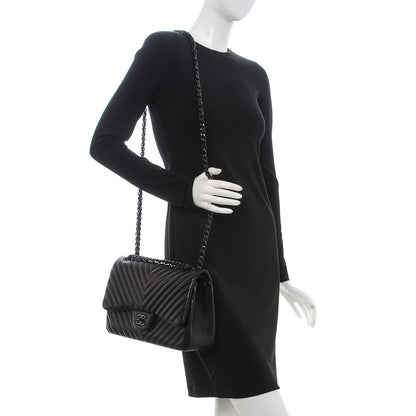 Chanel Lambskin Chevron Quilted Jumbo Double Flap So Black 2 of 9