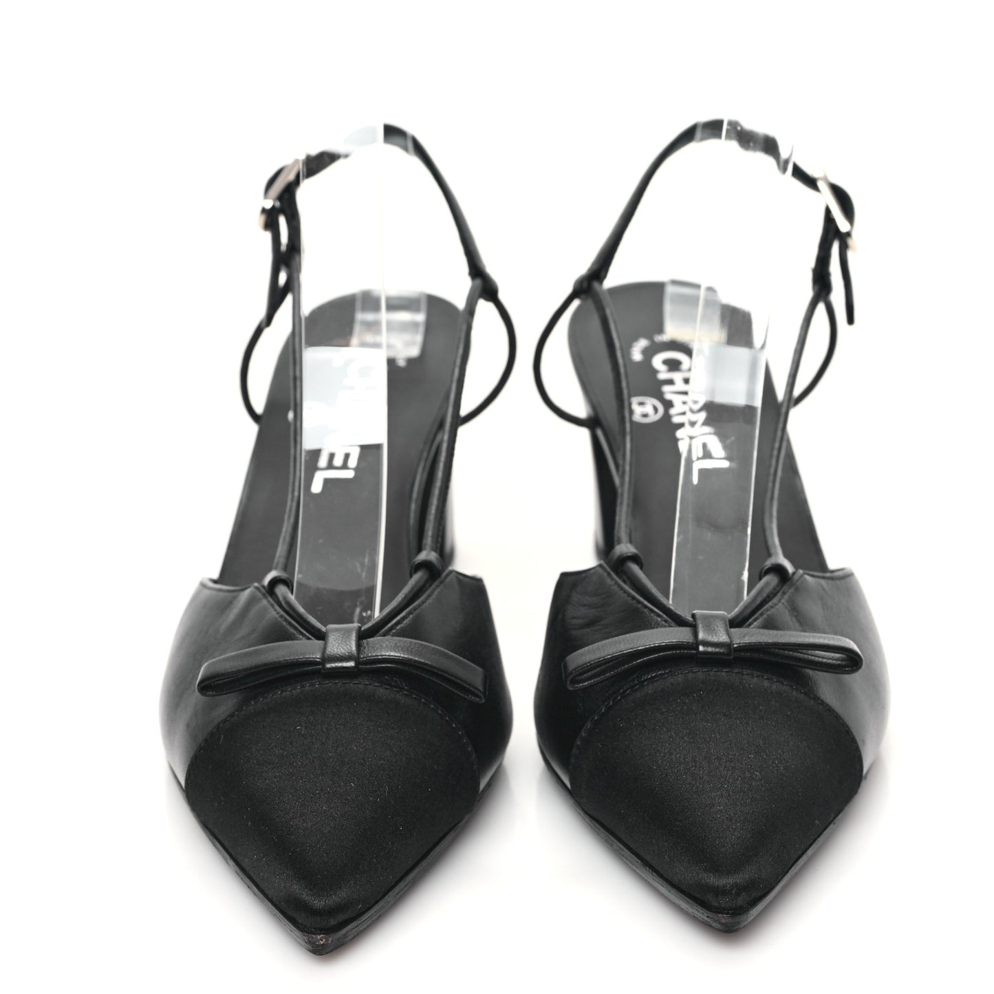 Lambskin Satin Slingback Cap Toe Bow Pumps 38.5 Black