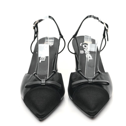 Chanel Lambskin Satin Slingback Cap Toe Bow Pumps 38.5 Black 2 of 9