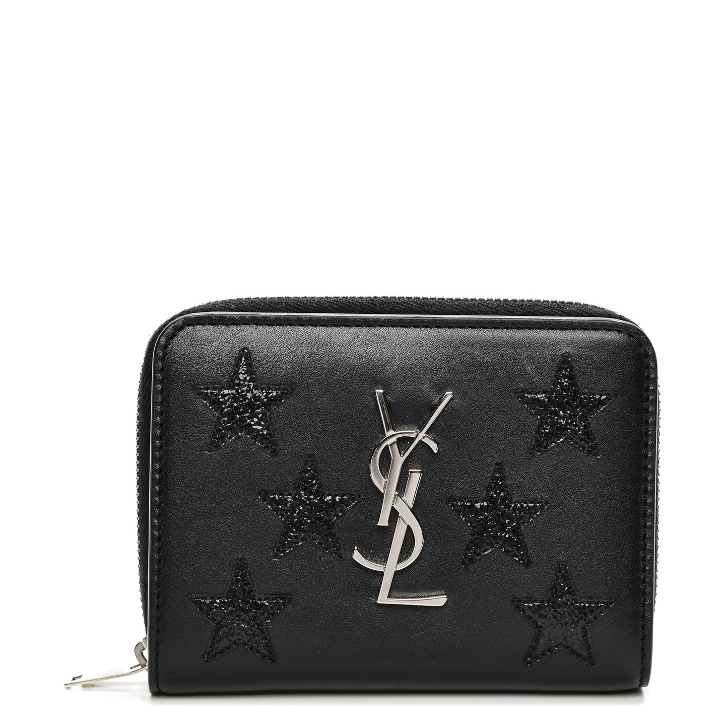 Calfskin Star Embellished Compact Zip Around Wallet Black