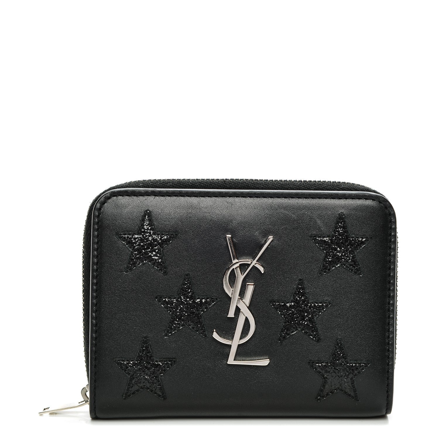 Saint Laurent Calfskin Star Embellished Compact Zip Around Wallet Black 1 of 6